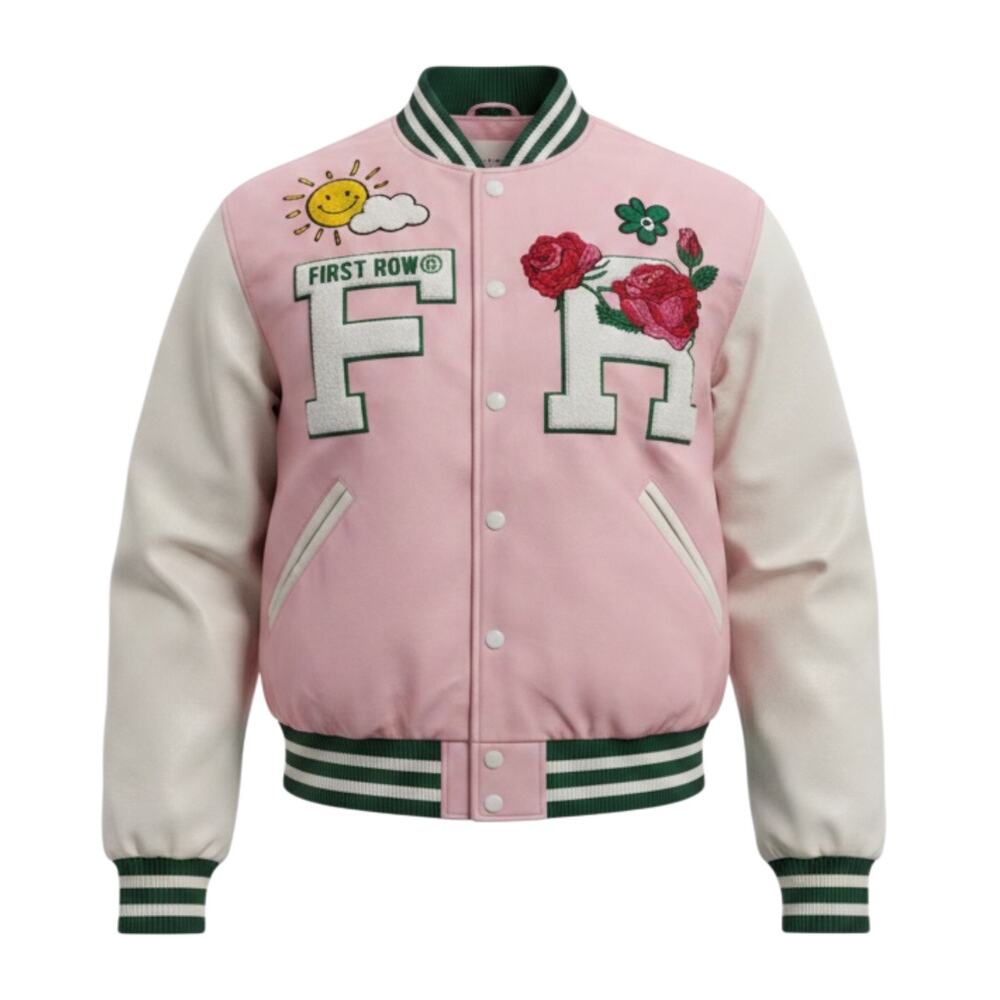 First Row Easy Hours Pink Satin Varsity Jacket Patches Streetwear Embroidered M